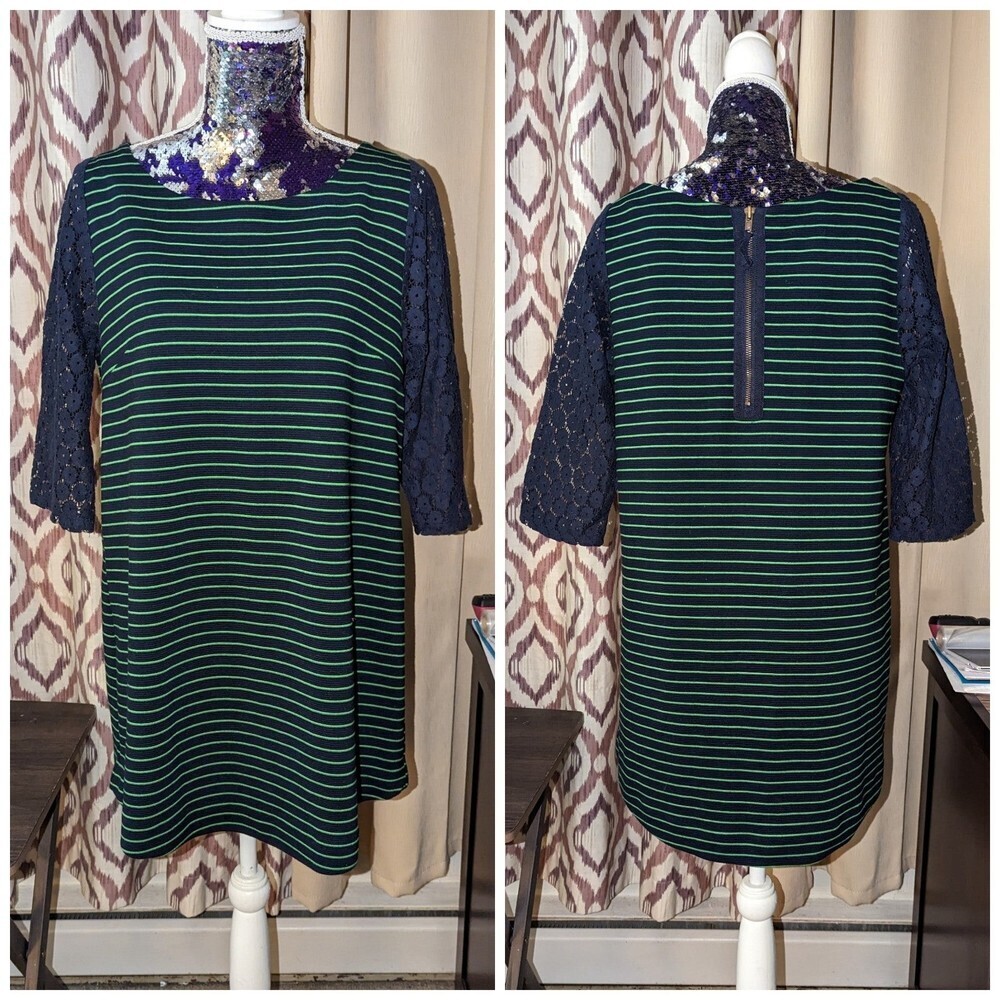 Anthropologie Size Large Blue Green Striped 3/4 Lace Sleeve‎ Tunic By Postmark